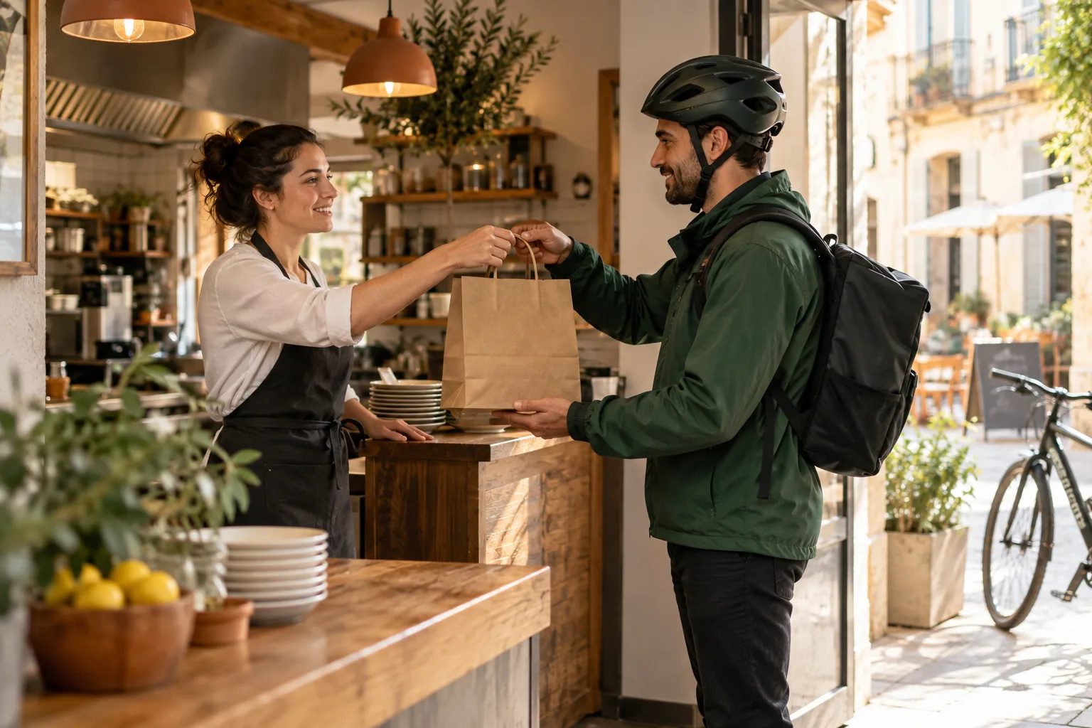 Un livreur récupère une commande dans un restaurant partenaire